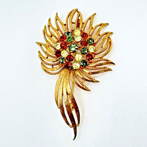 Vintage Rhinestone Flower Brooch Gold Tone Domed Green Brown Yellow Glass 3"